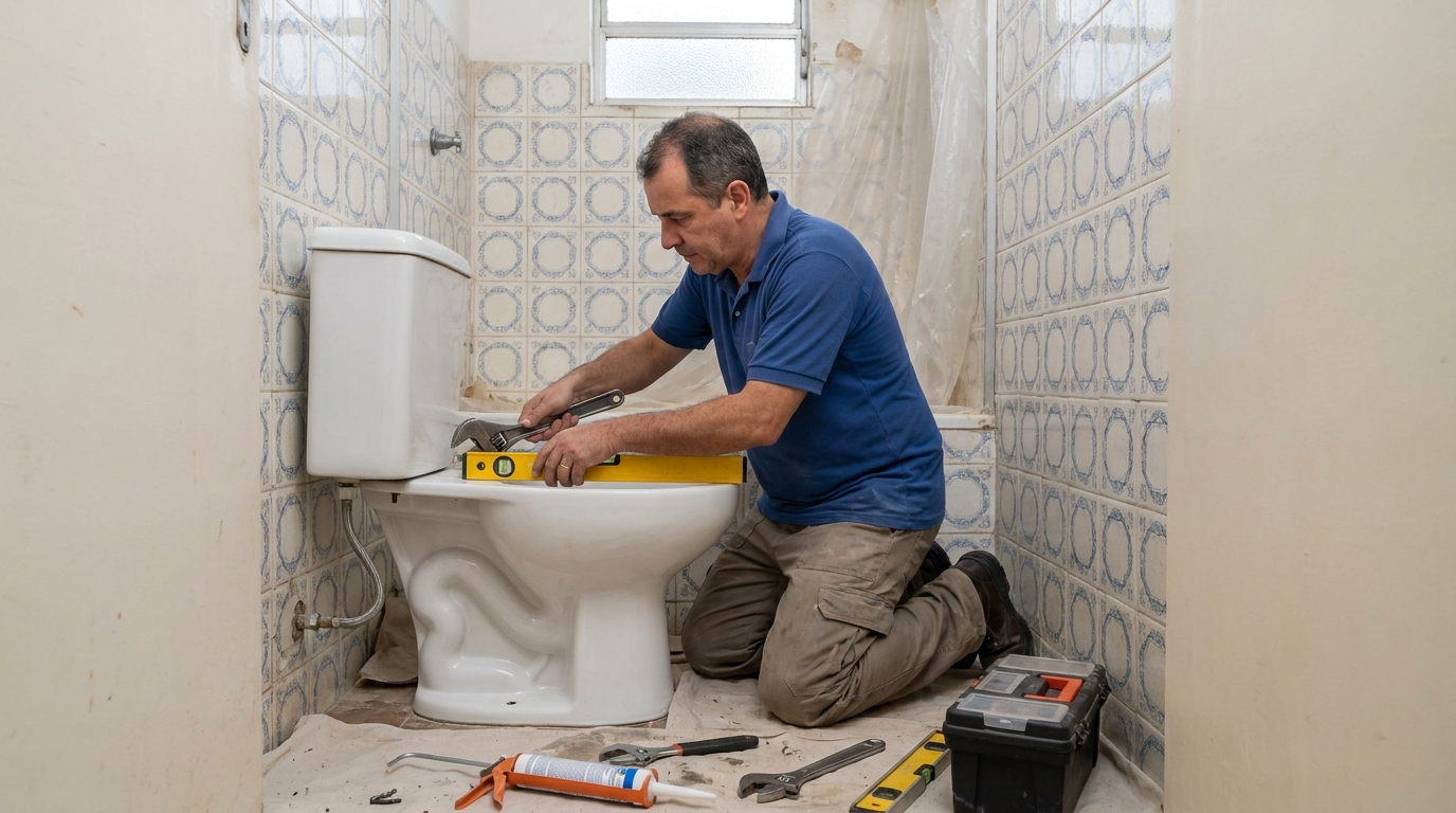 Técnico instalando vaso sanitário em Salvador‑BA